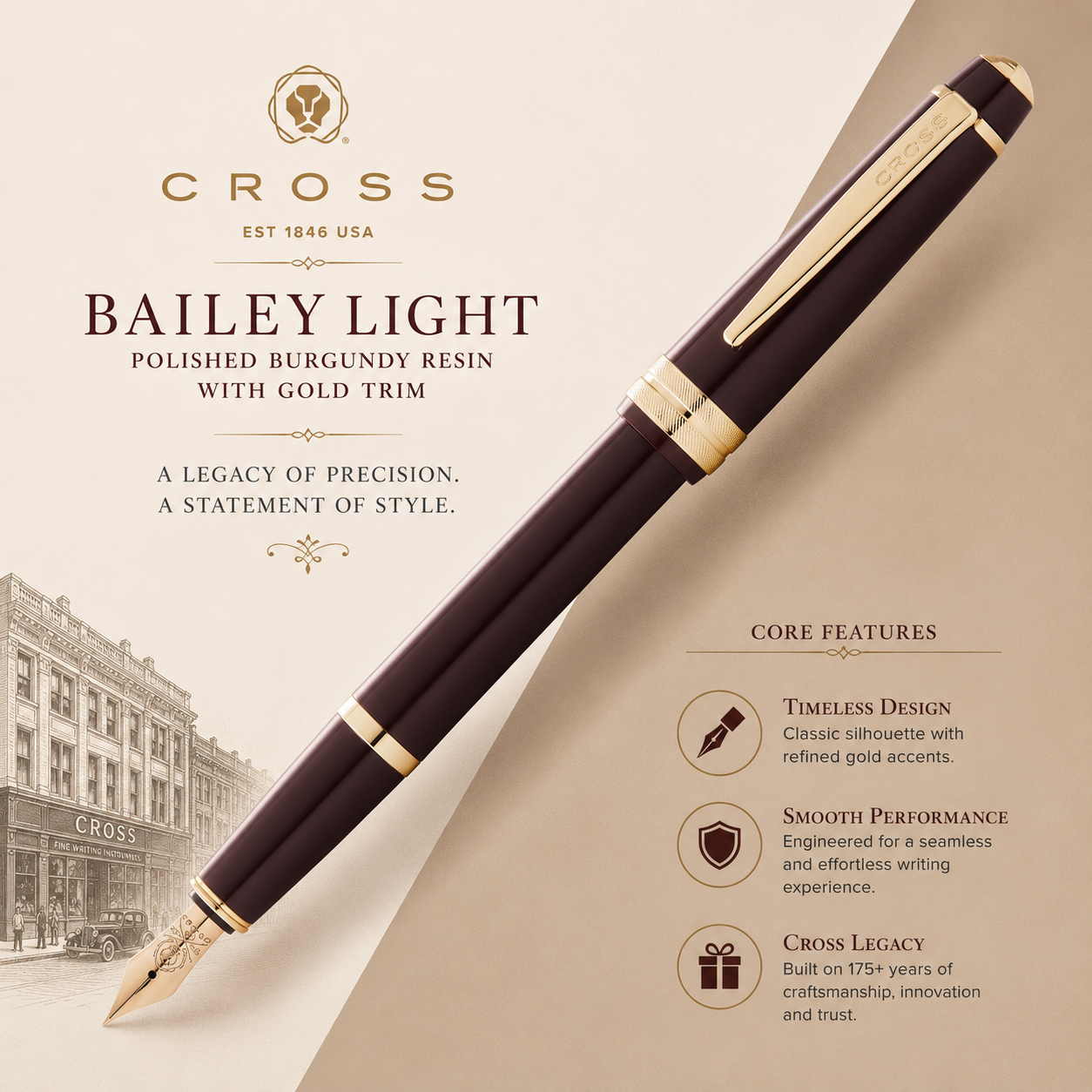 Cross Bailey Light Fountain Pen – Polished Burgundy Resin | Gold Trim | Medium Nib