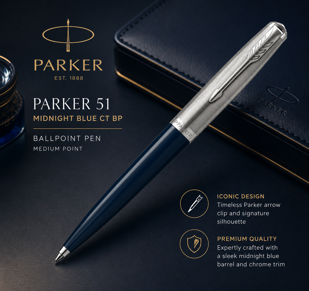 Parker 51 Ballpoint Pen – Midnight Blue with Chrome Trim | Iconic Luxury Pen