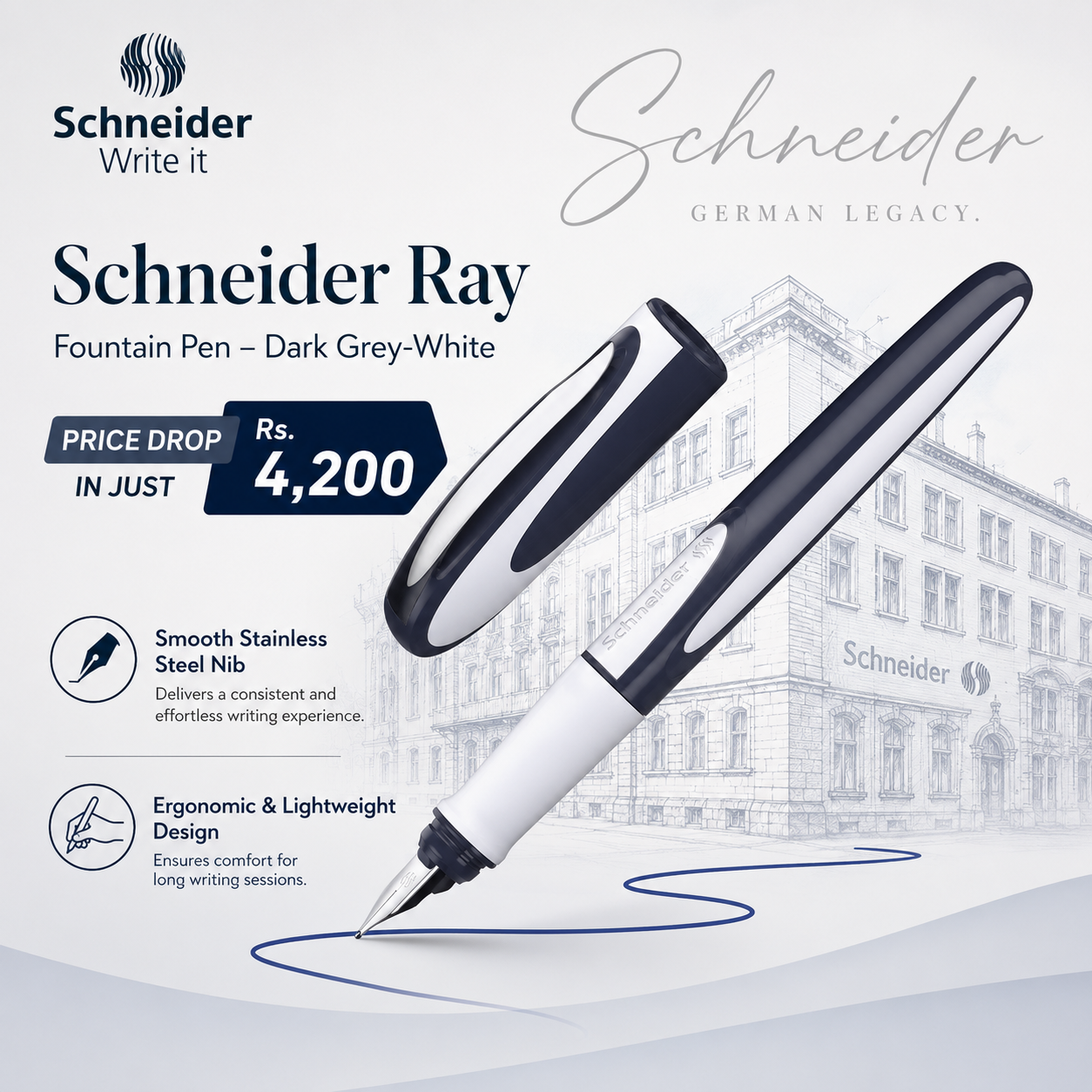 Schneider Ray Fountain Pen – Dark Grey & White