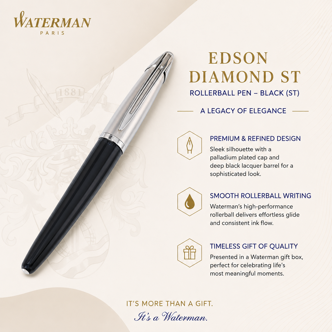 Waterman Edson Diamond ST Rollerball Pen – Black