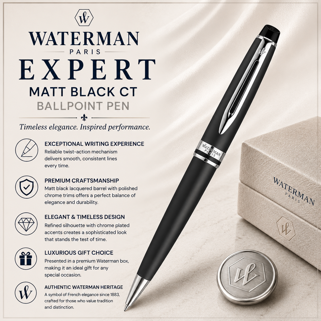 Waterman Expert Matt Black Ballpoint Pen – Premium Writing Instrument