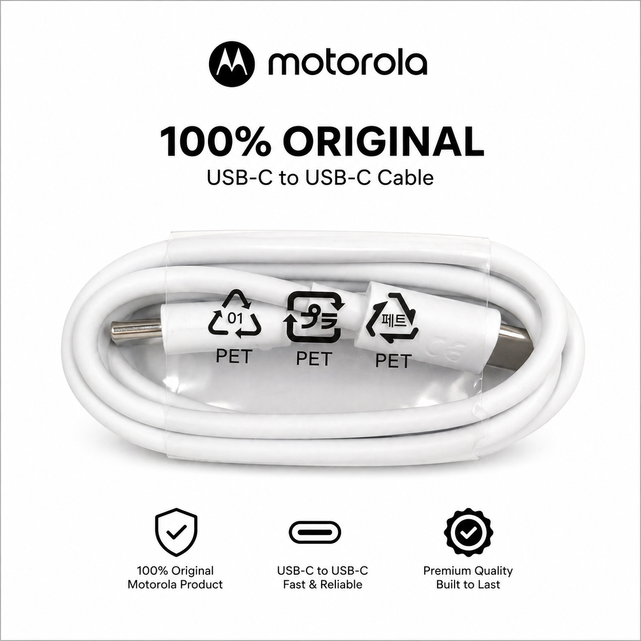 Motorola USB-C to USB-C Cable 1M – 100% Original Fast Charging & Data Sync (Type-C PD Cable)