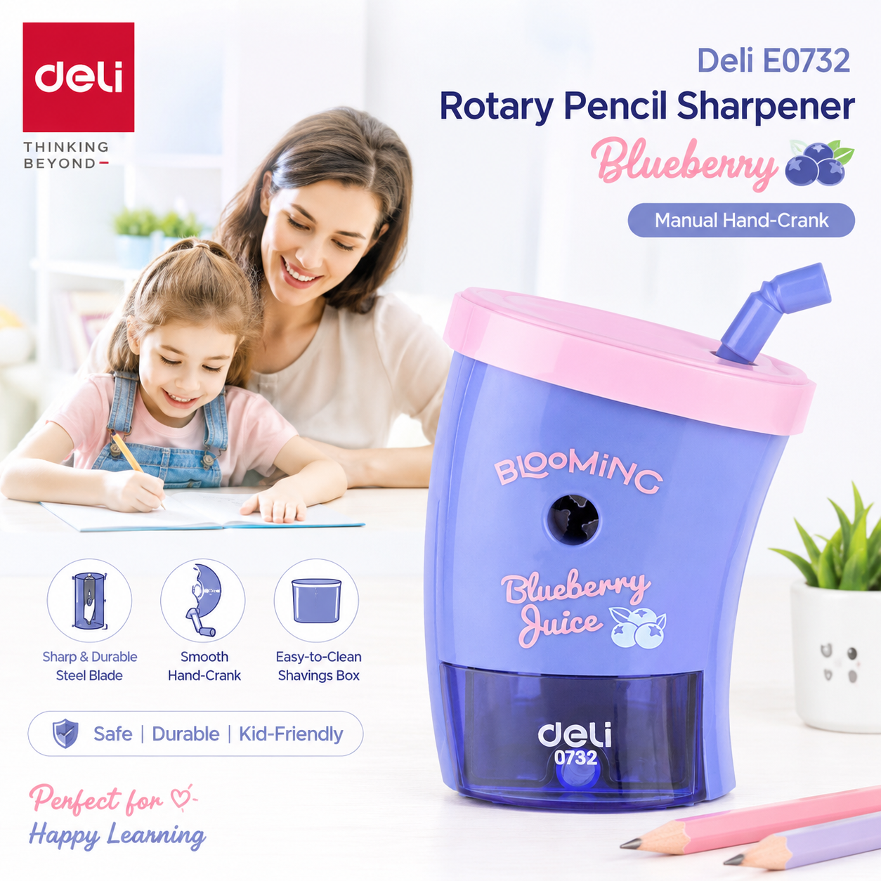 Deli E0732 Blueberry Rotary Pencil Sharpener | Manual Hand-Crank Pencil Sharpener
