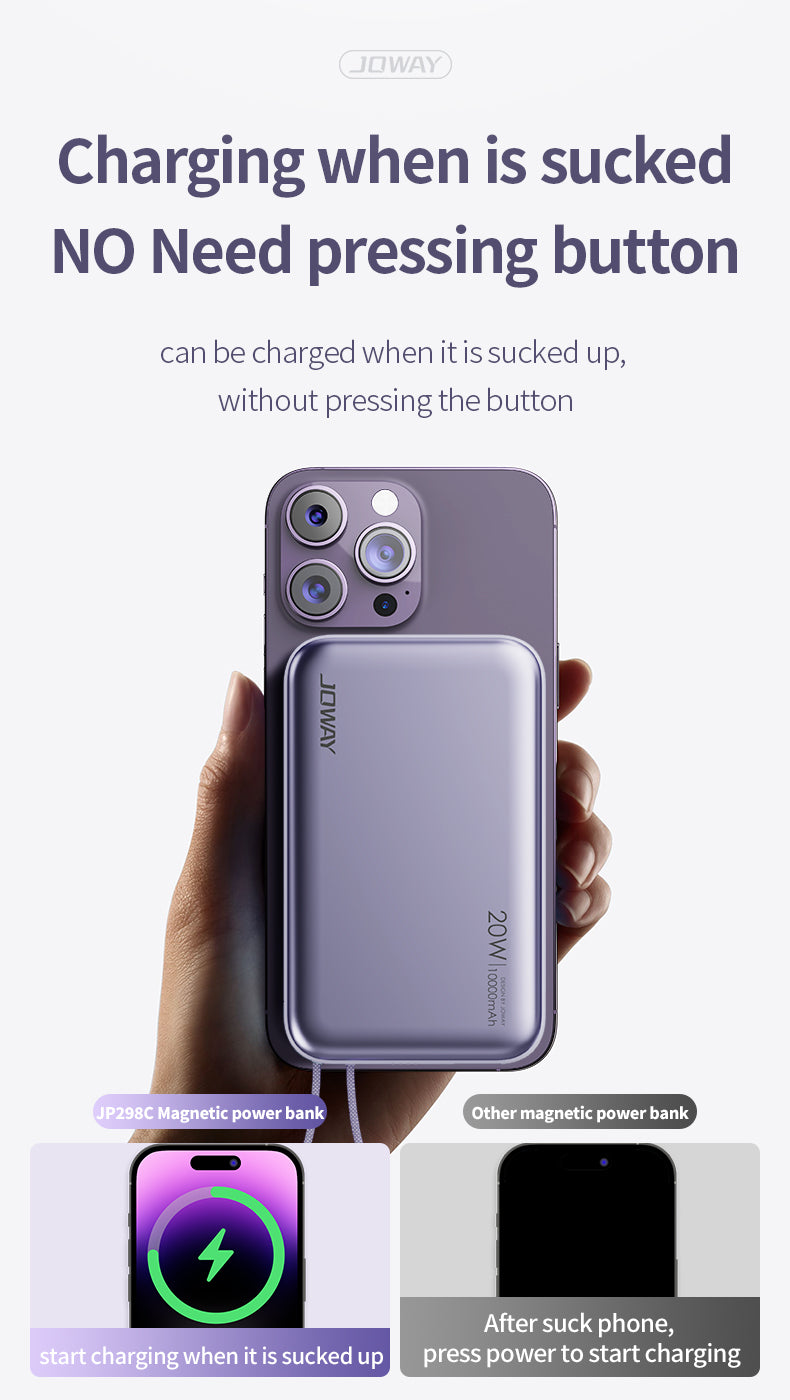 JOWAY JP298C Magnetic Power Bank 10000mAh – 20W PD Fast Charging | Built-in Type-C Cable | MagSafe Compatible