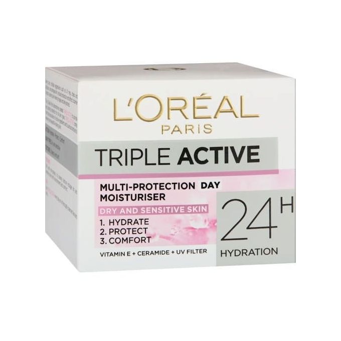 L'Oreal Paris Triple Active 24H Multi-Protection Moisturizer Day Cream, Vitamin E, Ceramide, UV Filter, For Dry & Sensitive Skin, 50ml
