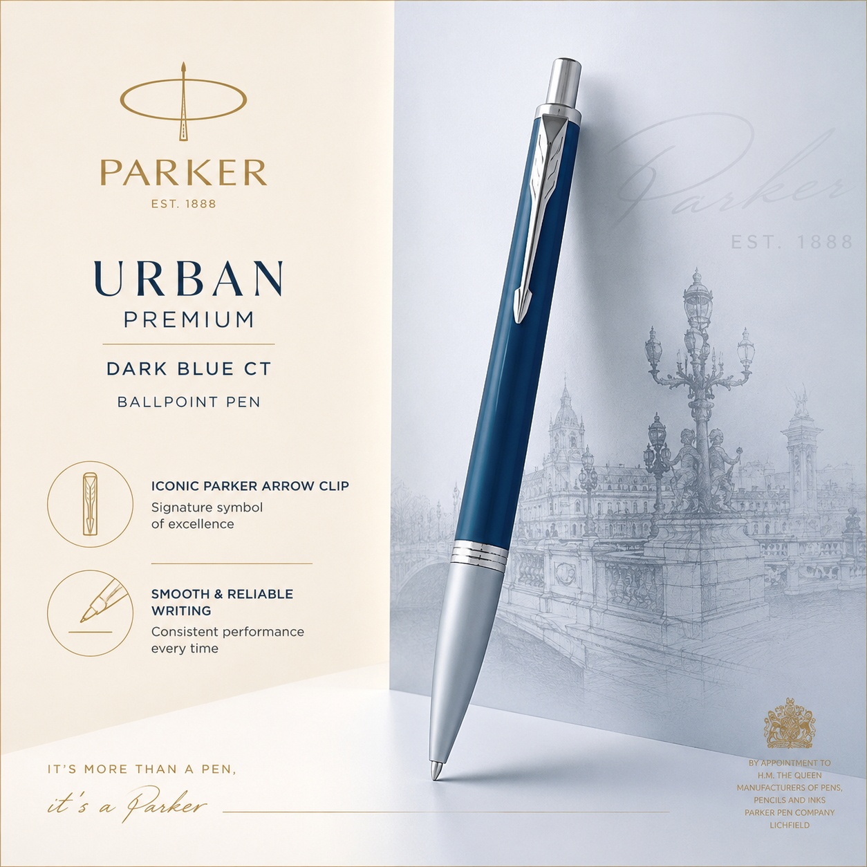 Parker Urban Premium Dark Blue CT Ballpoint Pen | Luxury Blue Writing Pen with Chrome Trim