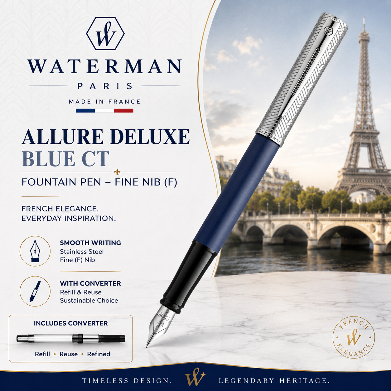 Waterman Allure Deluxe Blue CT Fountain Pen – Fine Nib (F)