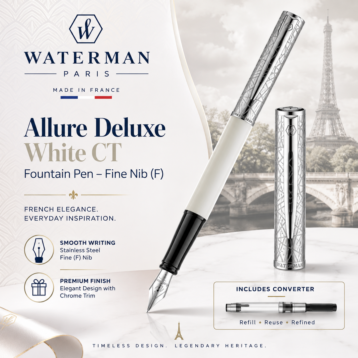 Waterman Allure Deluxe White CT Fountain Pen – Fine Nib (F)
