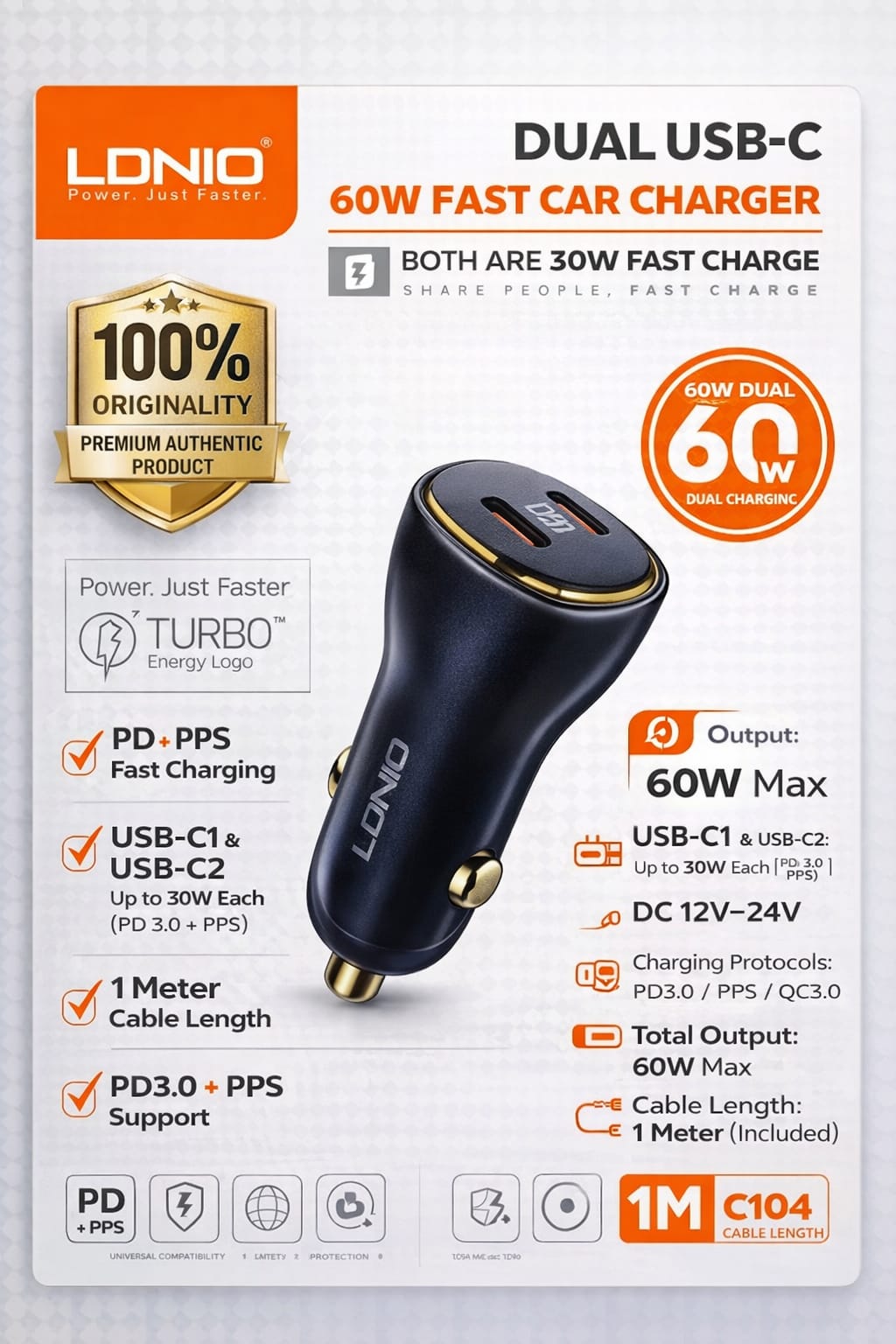 LDNIO C104 60W Dual USB-C PD Fast Car Charger – Original | Super Fast Charging