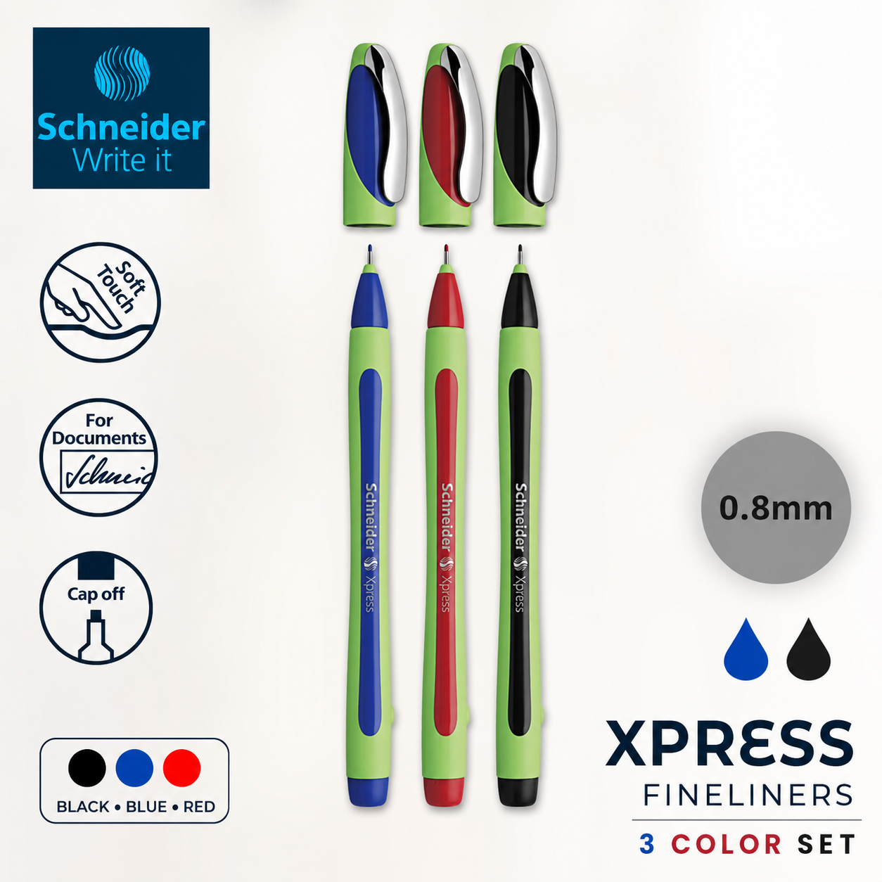 Schneider Xpress Fineliner Pen – 0.8mm | 3-Color Set (Black, Red, Blue)