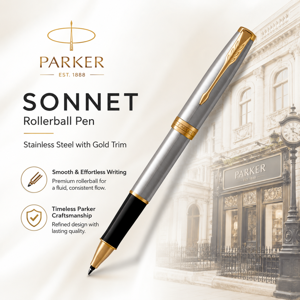 Parker Sonnet Rollerball Pen – Stainless Steel with Gold Trim