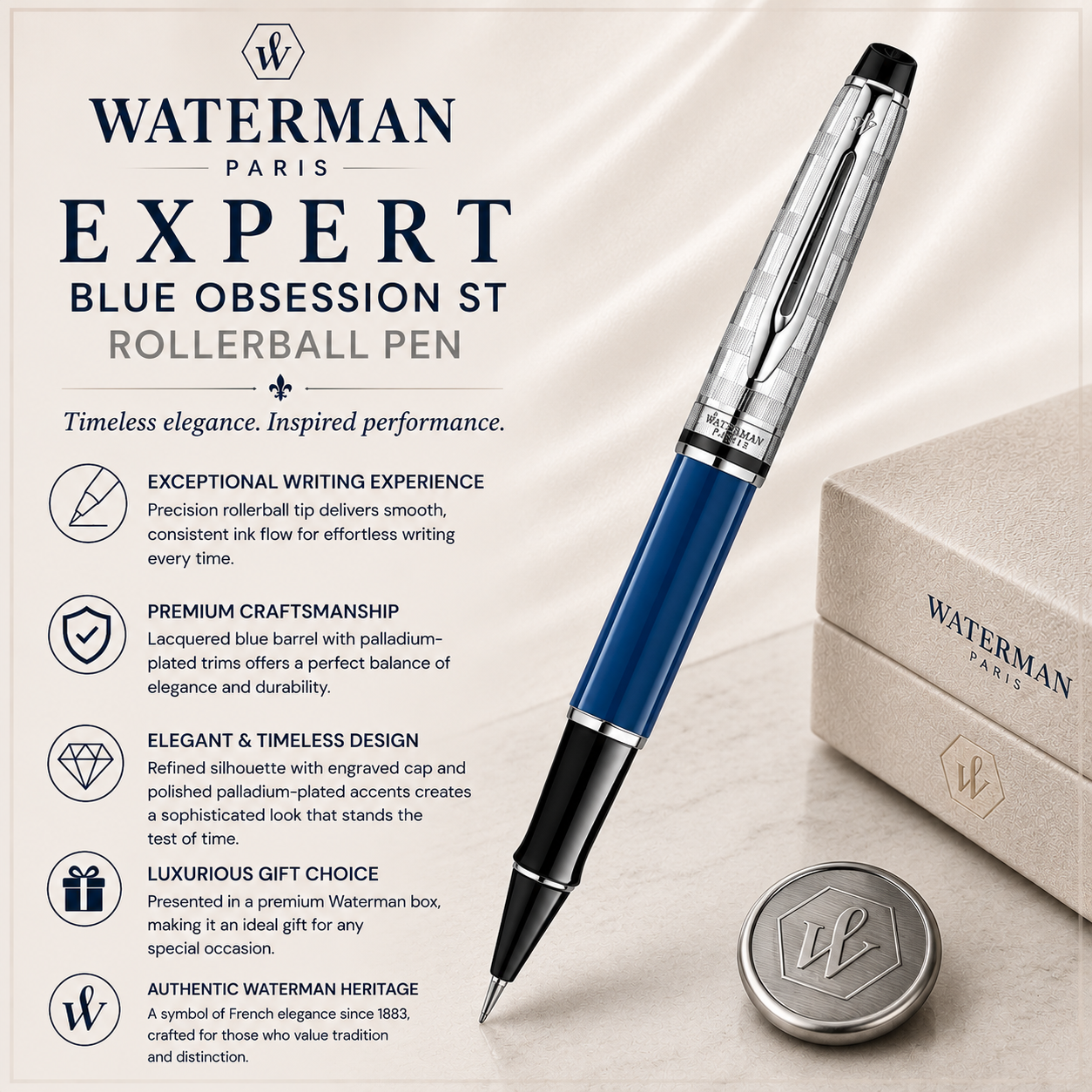 Waterman Expert Blue Obsession ST Rollerball Pen – Premium Writing Instrument