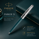 Parker 51 Ballpoint Pen – Teal Blue with Chrome Trim | Iconic Luxury Pen