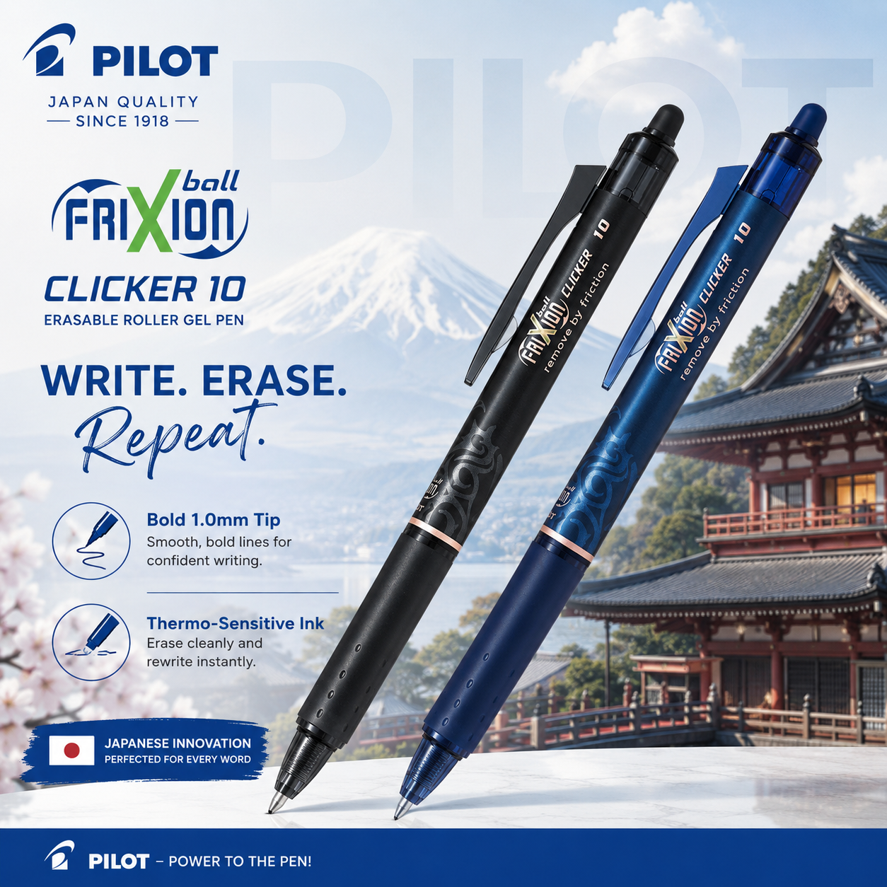 Pilot FriXion Clicker Erasable Gel Pen – 1.0mm (Blue & Black)