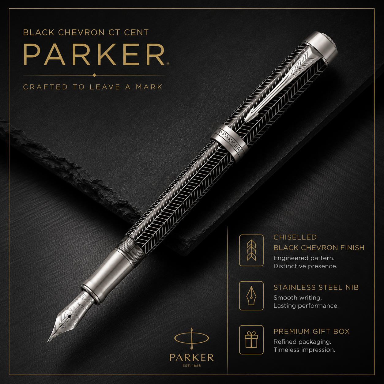 Parker Duofold Prestige Fountain Pen – Black Chevron CT | Luxury Writing Instrument