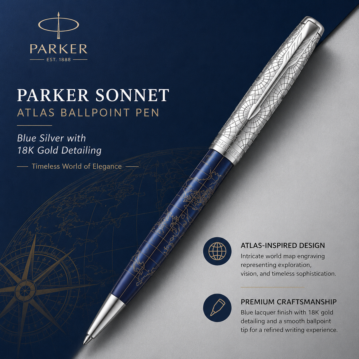 Parker Sonnet SE Atlas Ballpoint Pen – Blue Silver | 18K Gold Nib (Medium)