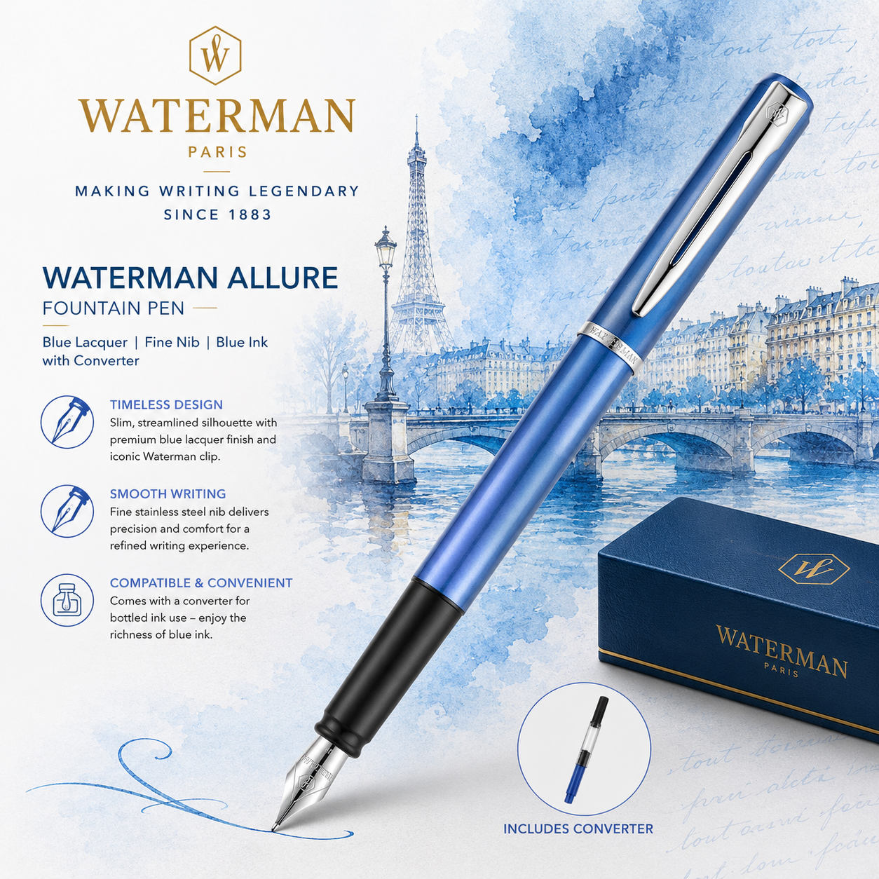 Waterman Allure Fountain Pen | Blue Lacquer | Fine Nib | Blue Ink