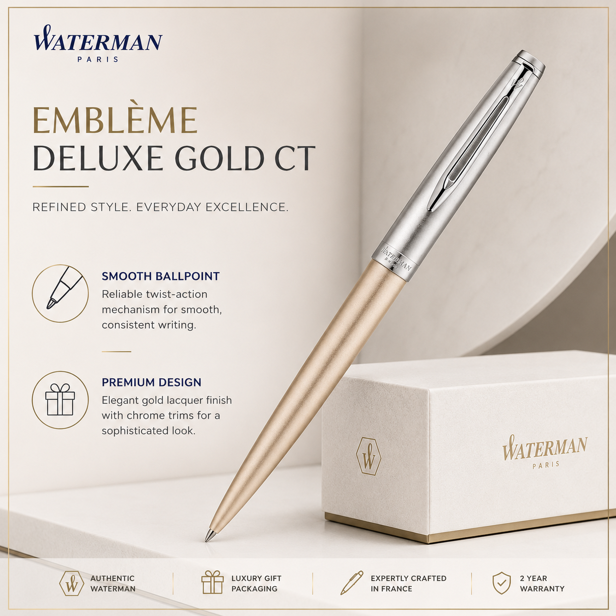 Waterman Emblème DLX Ballpoint Pen – Gold Trim (CT)