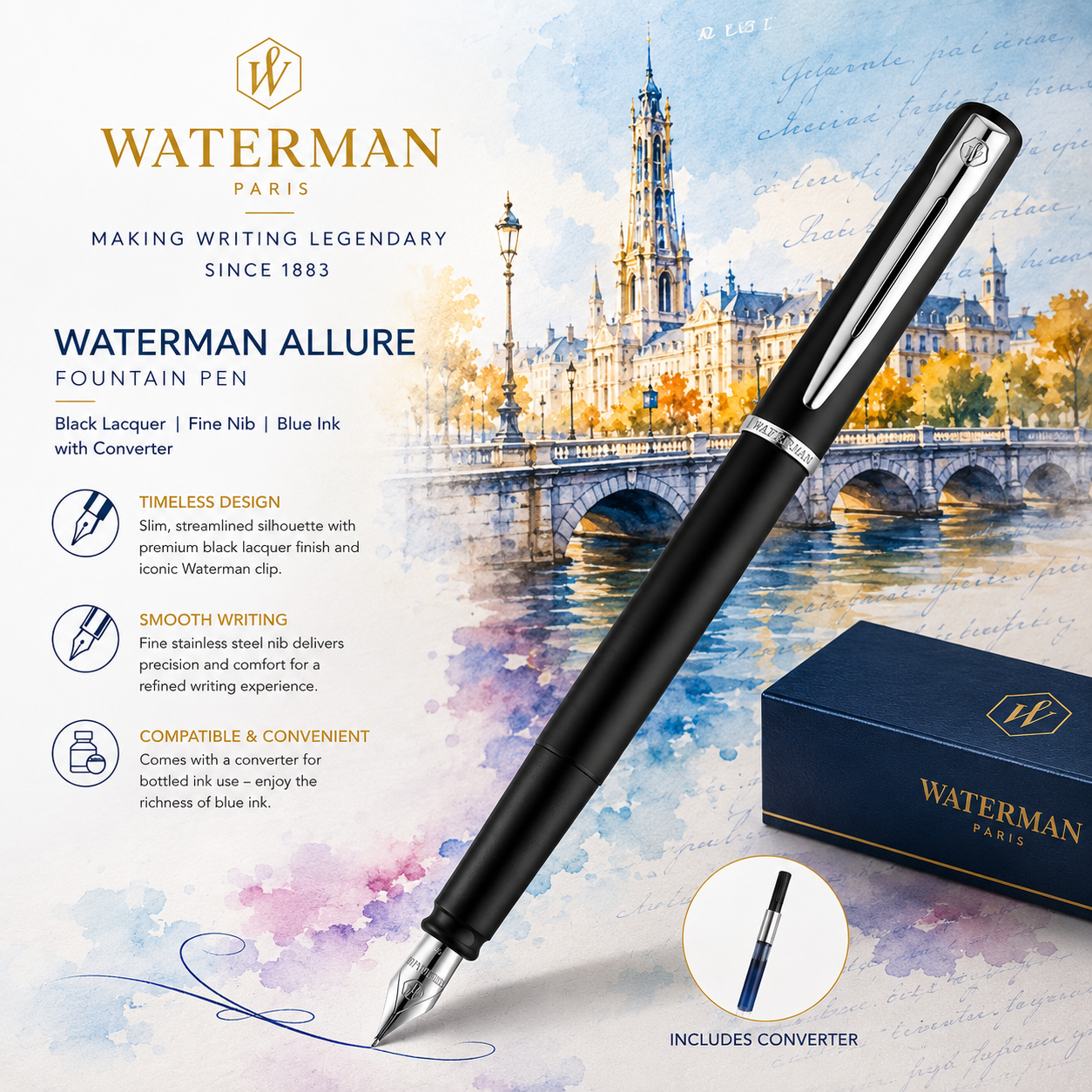 Waterman Allure Fountain Pen | Black Lacquer | Fine Nib | Blue Ink