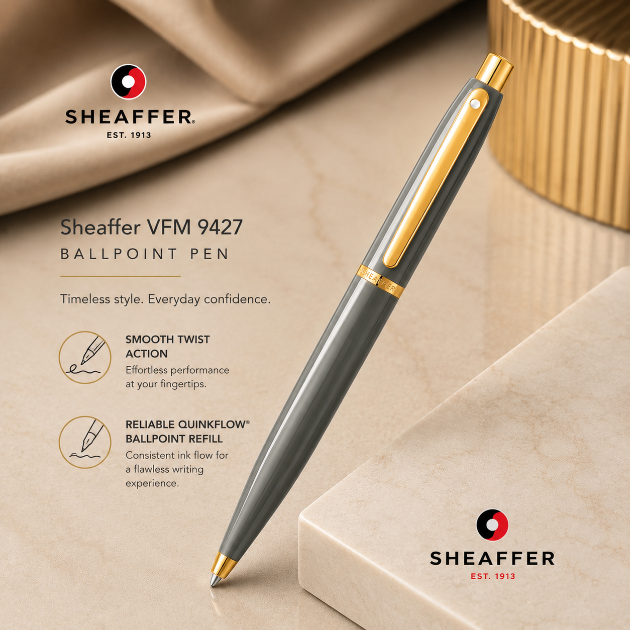 Sheaffer VFM 9427 Ballpoint Pen – Glossy Light Grey with PVD Gold Trim