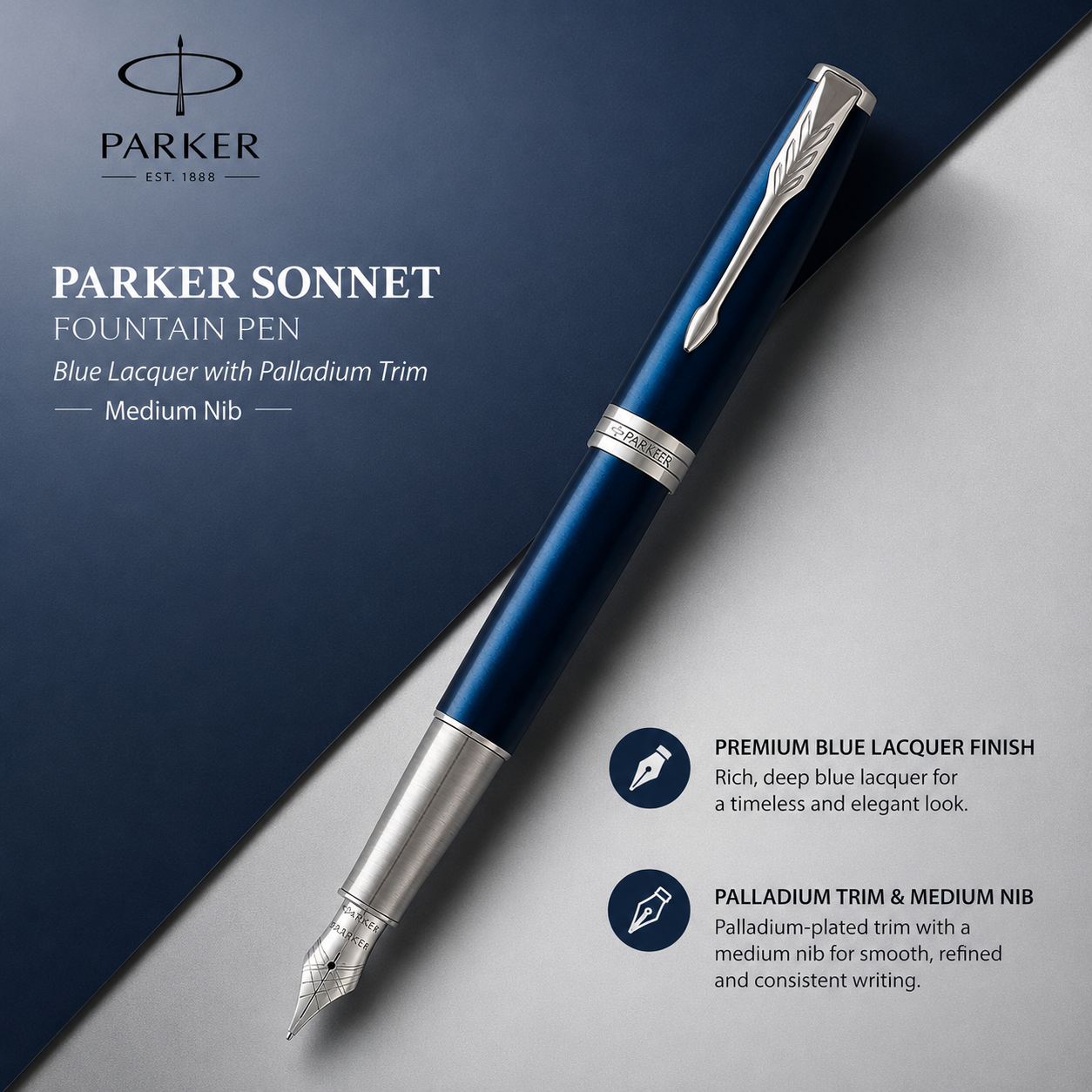 Parker Sonnet Fountain Pen – Blue Lacquer Palladium Trim, Medium Nib