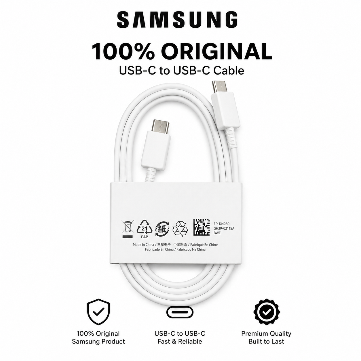 Samsung Original USB-C to USB-C Cable (1m) – Fast Charging Type-C Cable