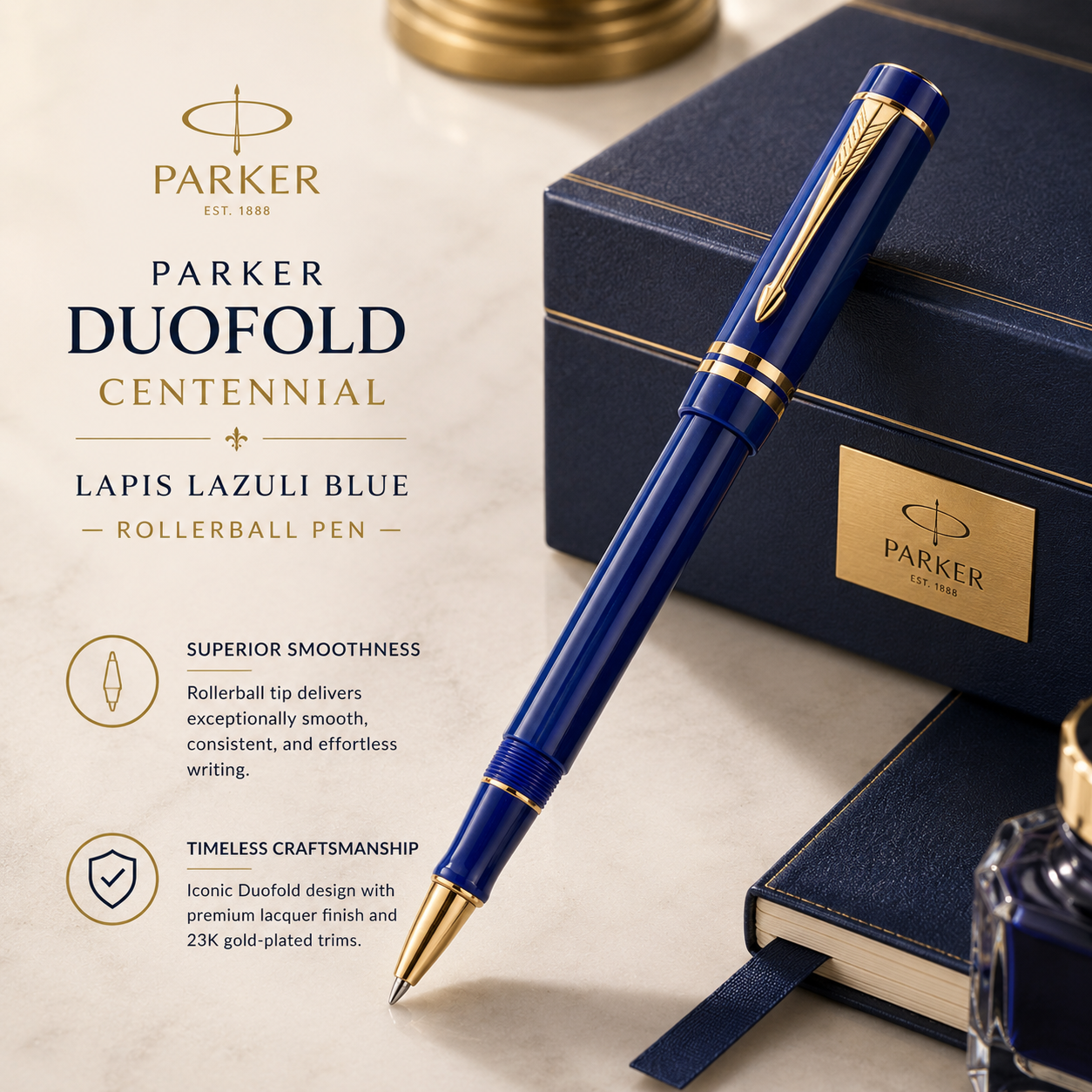 Parker Duofold International Fountain Pen – Lapis Lazuli (Fine 18K Solid Gold Nib)