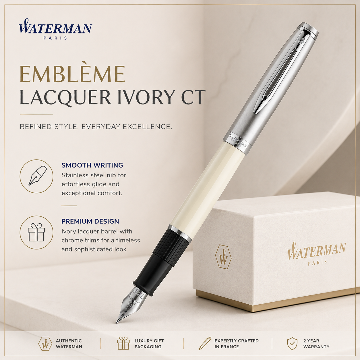 Waterman Emblème Fountain Pen – Ivory Lacquer Chrome Trim (CT)