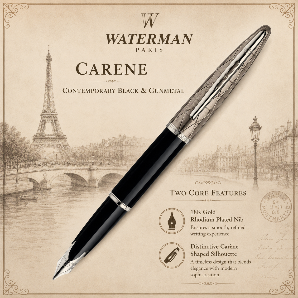 Waterman Carene Fountain Pen – Contemporary Black & Gunmetal (Medium Nib)