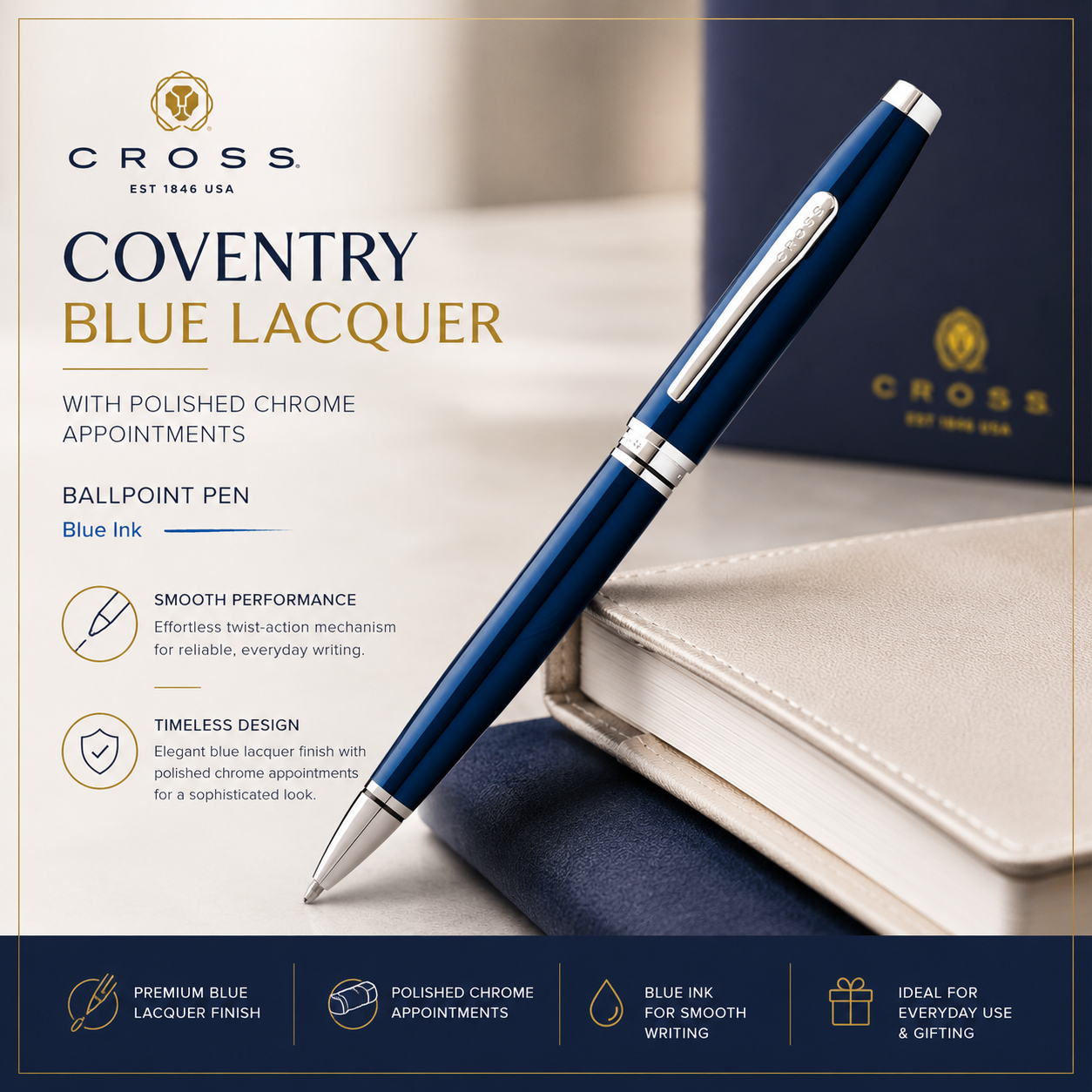 Cross Coventry Ballpoint Pen – Blue Lacquer with Polished Chrome (Blue Ink)