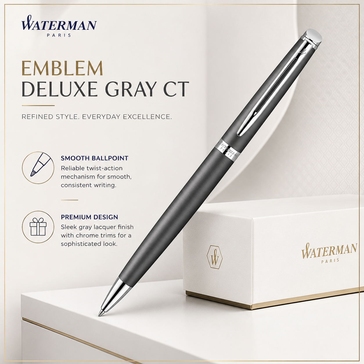 Waterman Emblème DLX Ballpoint Pen – Grey Chrome Trim (CT)