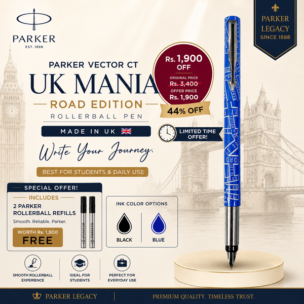 Parker Vector CT rollerball pen, UK Mania Road edition, blue and black ink, made in UK