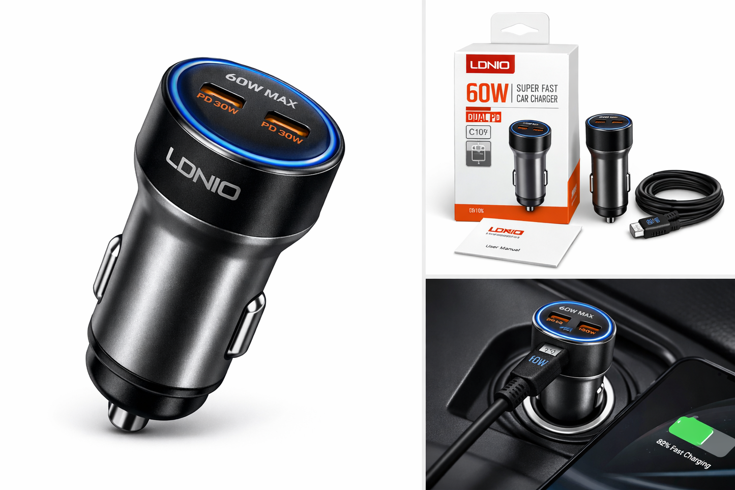 LDNIO C104 60W Dual USB-C PD Fast Car Charger – Original | Super Fast Charging