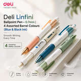 Deli Linfini Ballpoint Pen – 0.7mm | 4 Assorted Barrel Colours (Blue & Black Ink)