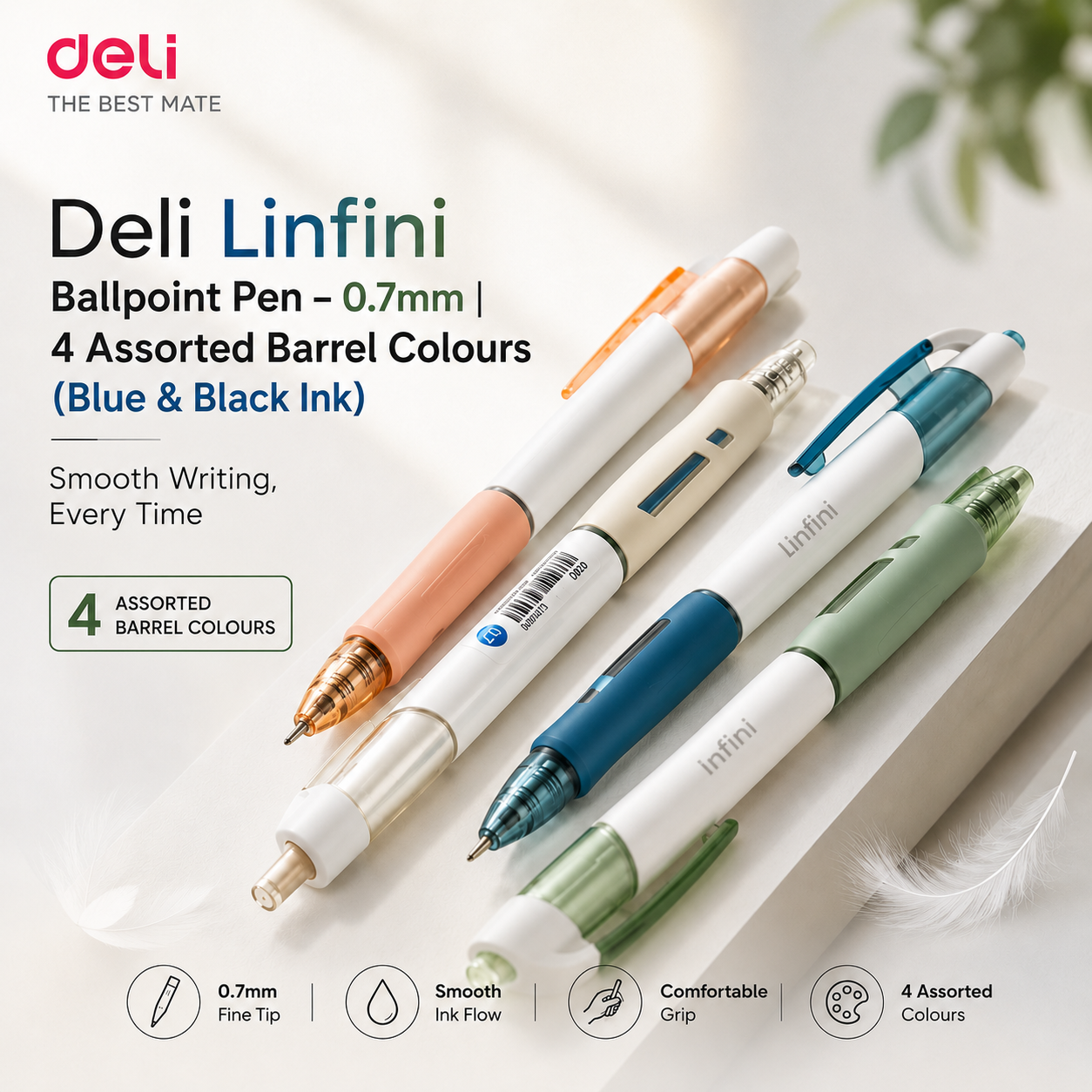 Deli Linfini Ballpoint Pen – 0.7mm | 4 Assorted Barrel Colours (Blue & Black Ink)
