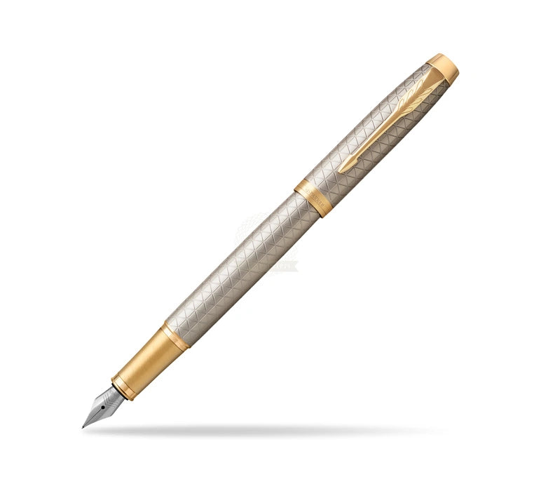 Parker IM Premium Fountain Pen – Warm Silver Champagne Diamond Pattern Gold Trim
