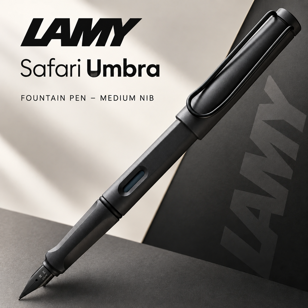 Lamy Safari Umbra fountain pen with matte charcoal body and medium nib