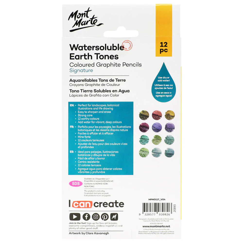 Mont Marte Watersoluble Earth Tones Coloured Graphite Pencils Signature Pack of 12