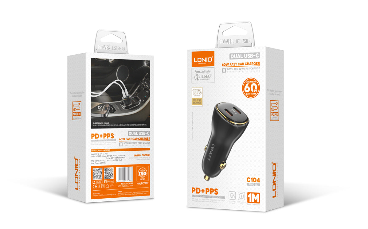 LDNIO C104 60W Dual USB-C PD Fast Car Charger – Original | Super Fast Charging