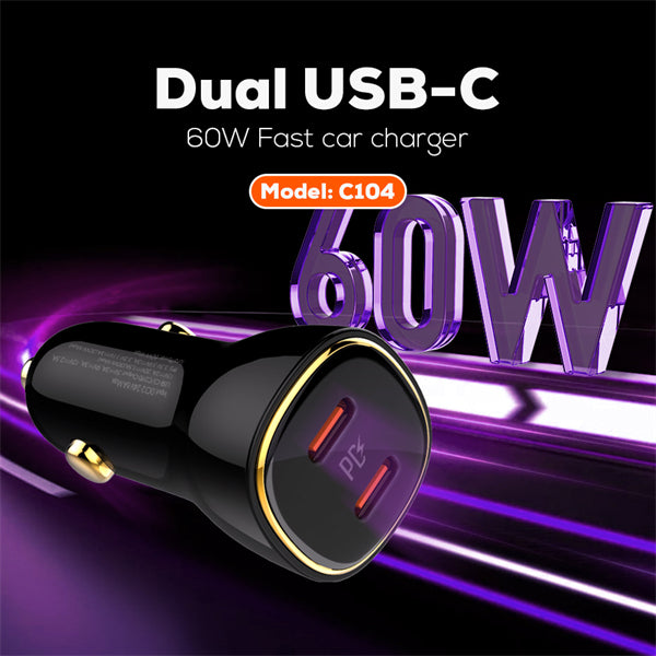 LDNIO C104 60W Dual USB-C PD Fast Car Charger – Original | Super Fast Charging
