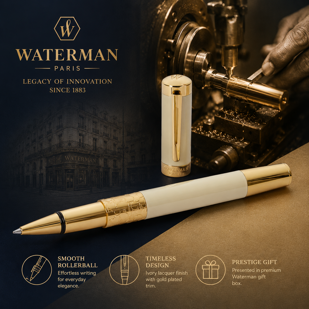 Waterman Elegance Rollerball Pen – Ivory & Gold Trim (GT)