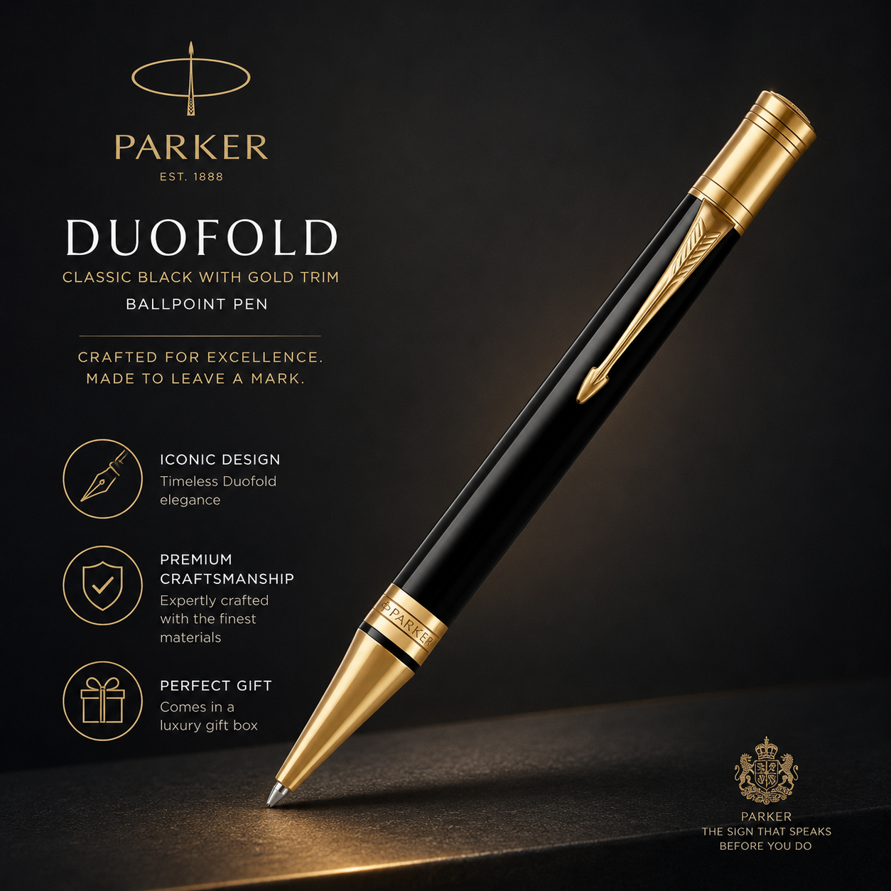 Parker Duofold Ballpoint Pen — Classic Black | Gold Trim | Medium Point