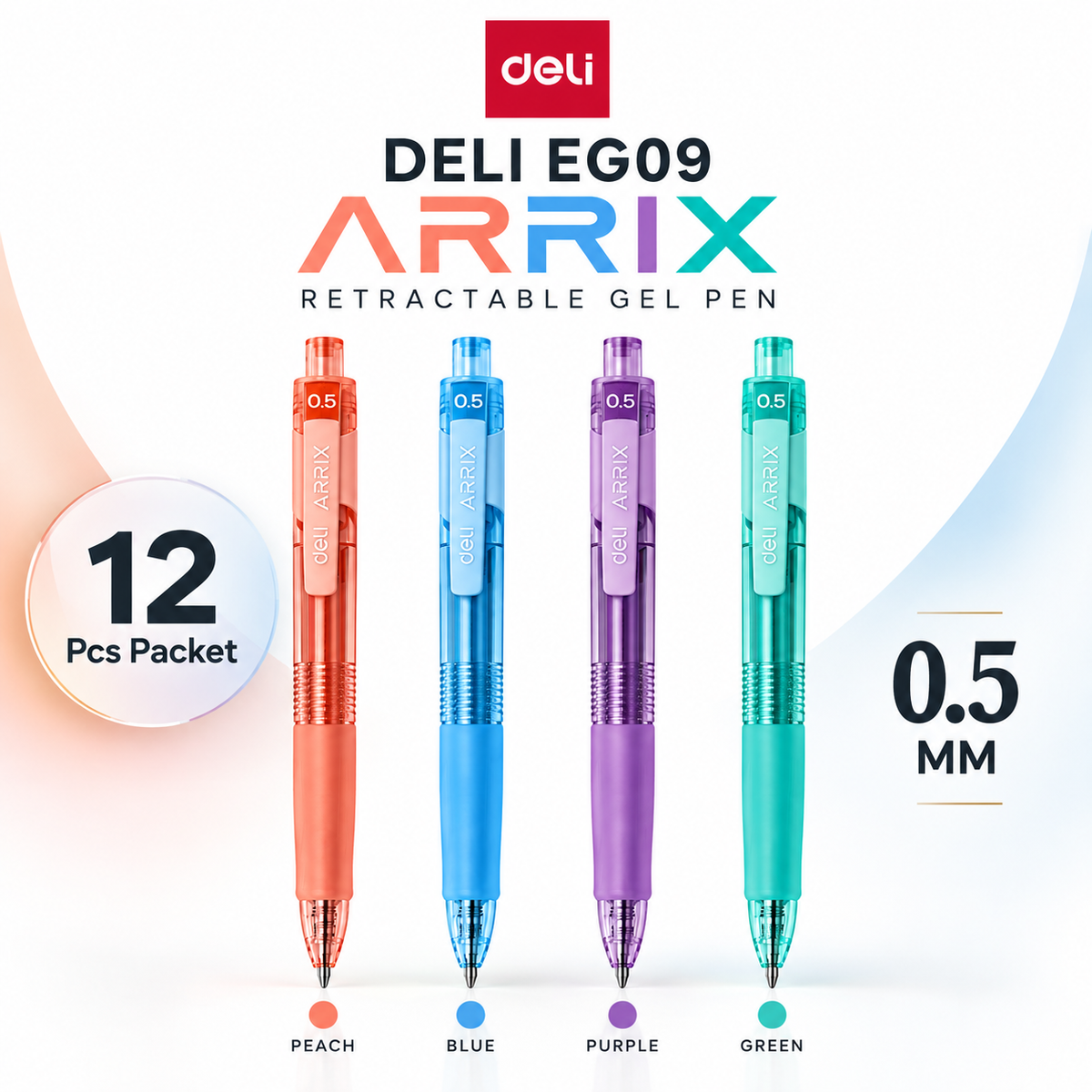 Deli EG09 Arrix Retractable Gel Pen – 0.5mm (Assorted Body Colours)