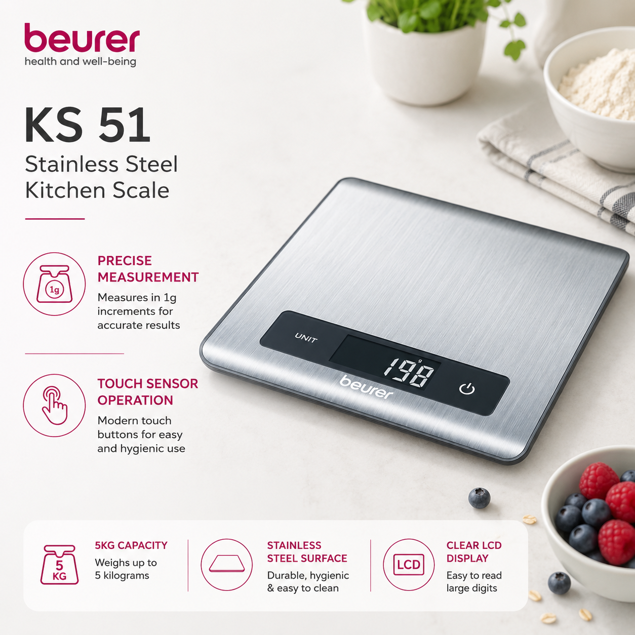 Beurer KS 51 stainless steel digital kitchen scale, food scale