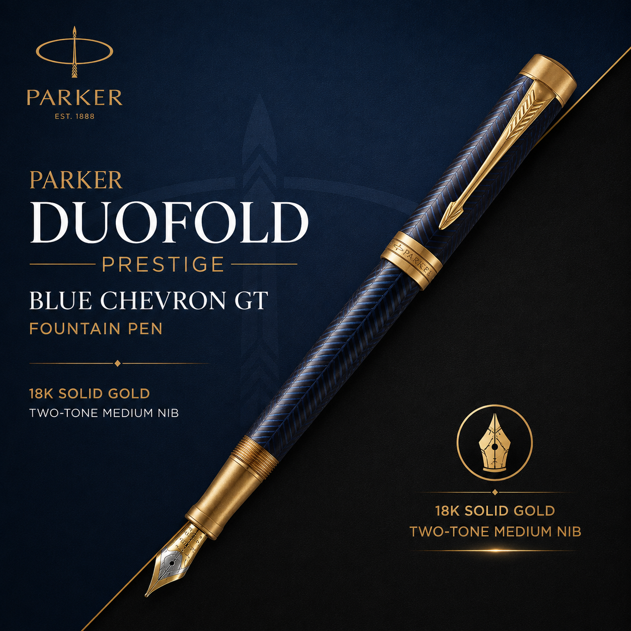 Parker Duofold Prestige Blue Chevron GT Fountain Pen – 18K Solid Gold Two-Tone Medium Nib