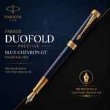 Parker Duofold Prestige Blue Chevron GT Fountain Pen – 18K Solid Gold Two-Tone Medium Nib