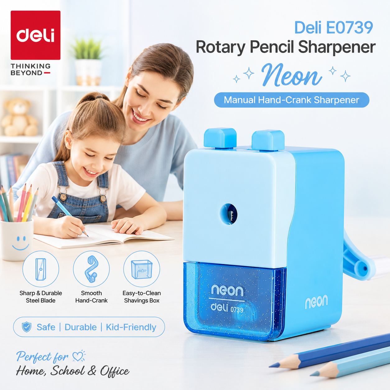 Deli E0739 Blue Rotary Pencil Sharpener | Manual Hand-Crank Pencil Sharpener
