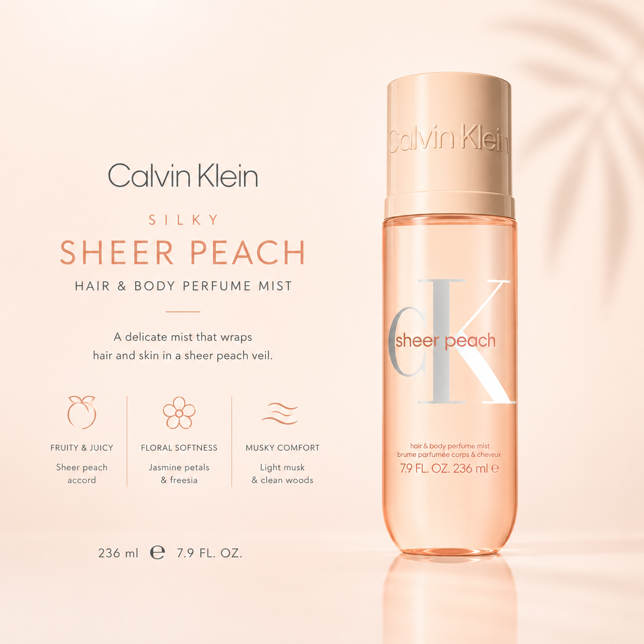 Calvin Klein Silky Sheer Peach Hair & Body Perfume Mist – Unisex – 236ml