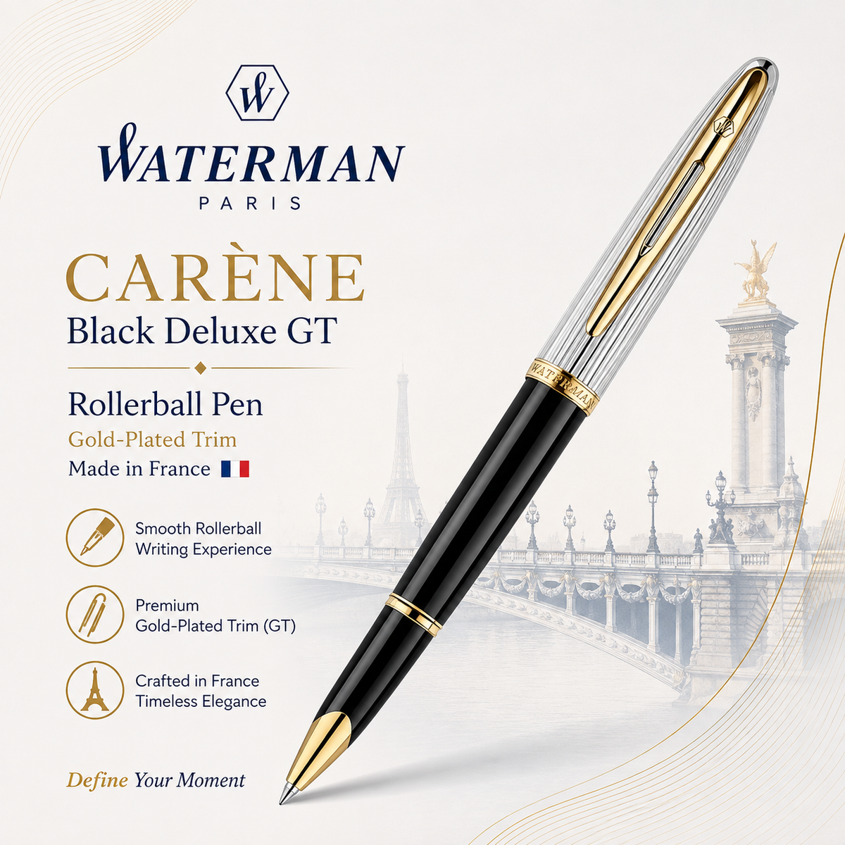 Waterman Carène Rollerball Pen – Black Deluxe with Gold Trim