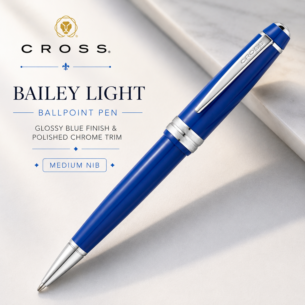 Cross Bailey Light Ballpoint Pen – Glossy Blue & Polished Chrome Trim (Medium)
